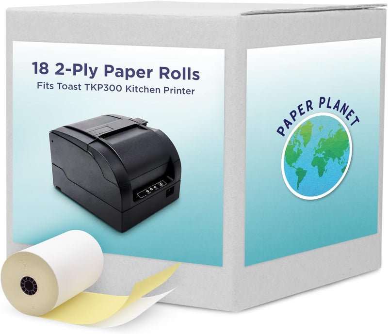 PaperPlanet 2-Ply White/Yellow Carbonless Paper for Toast Kitchen Printer by Paper Planet | 18 Rolls | TKP300 SNBC BTP-M300 - Image 1